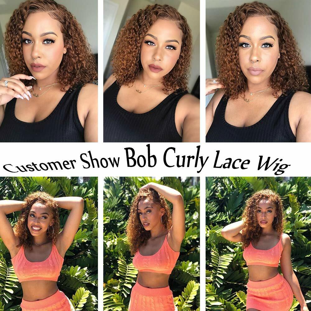 13×4 Water Wave Lace Front Human Hair Wigs Deep Curly Short Bob Wig Brown 130%