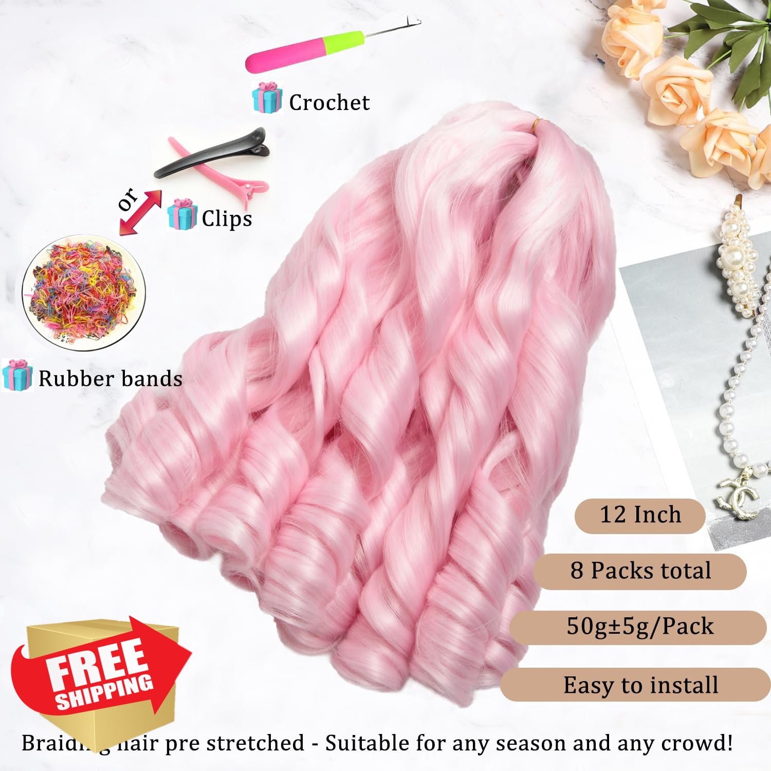 French Curl Braiding Hair 12″ 8pk Pink Crochet Braids Short