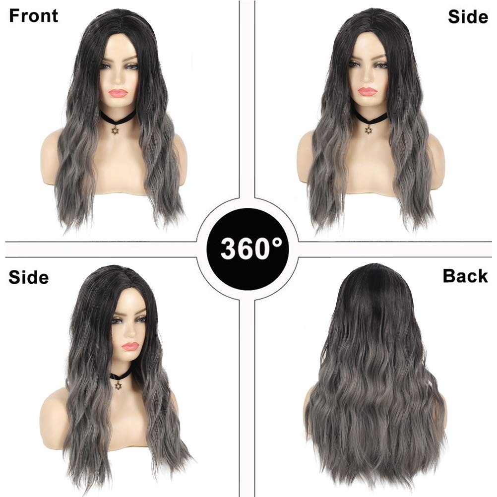Womens Ombre Grey Wig Long Curly Wavy Black Grey Middle Part Synthetic Hallow…