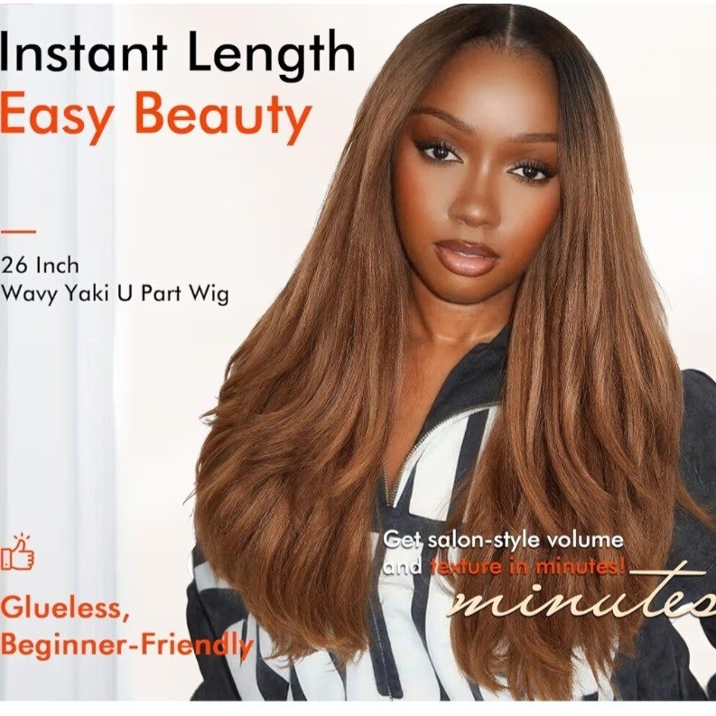 26 Inch Wavy Yaki V-Part Wig Ombre Brown T1B/30 Glueless Synthetic NEW