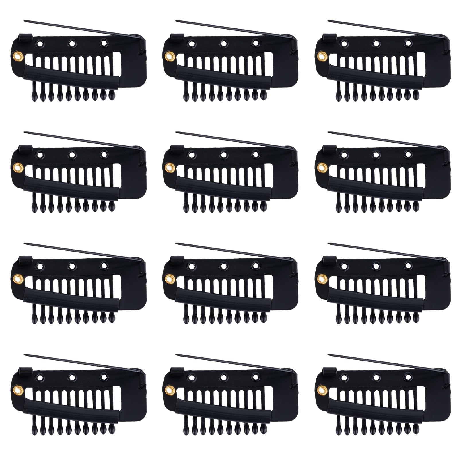 12pcs Black Wig Clips with Safety Pins, 10-Teeth Hair, Stainless Steel Metal