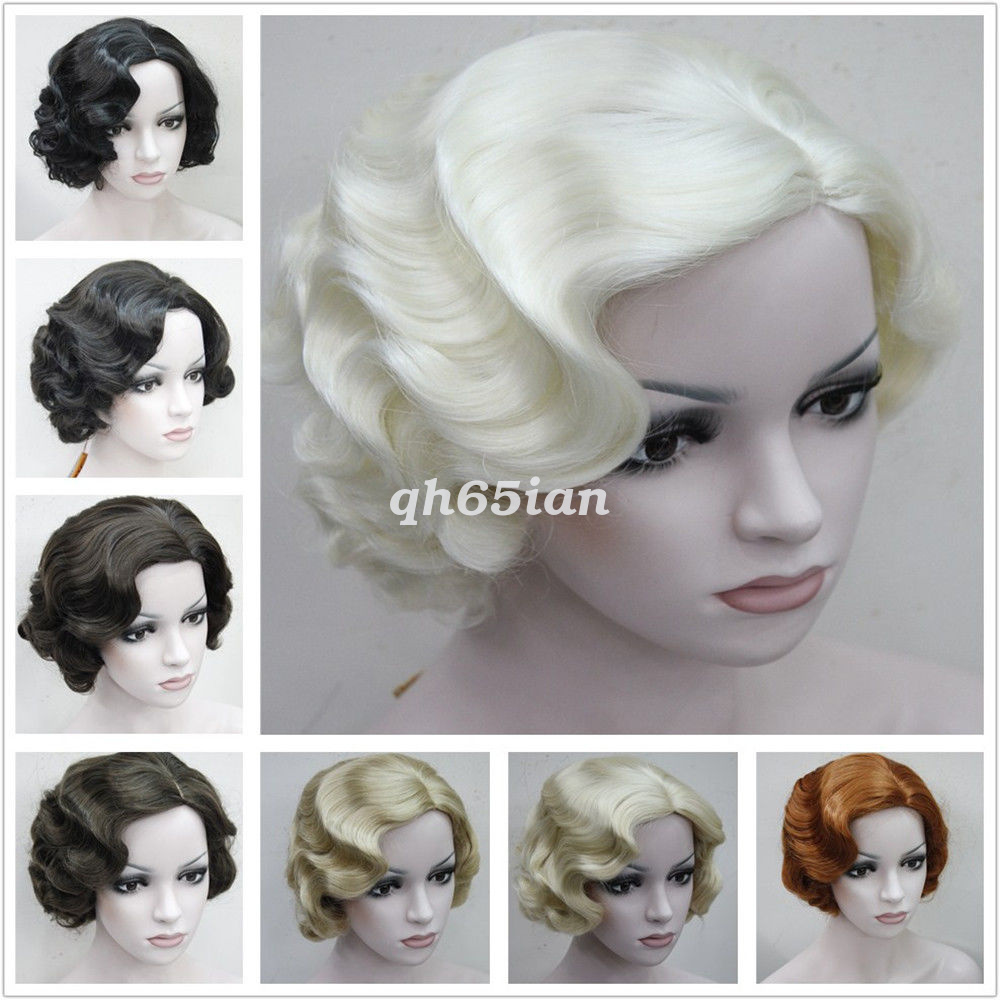 Womens Retro Short Finger Wave Curly Wavy Pinup Wigs Halloween Cosplay Wig