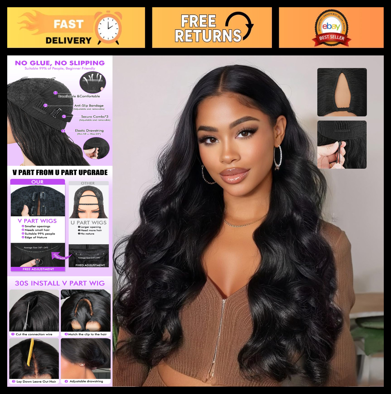 200% Density Body Wave V Part Wig – Glueless Clip-In Half Wig, No Sew, 24″ Natur