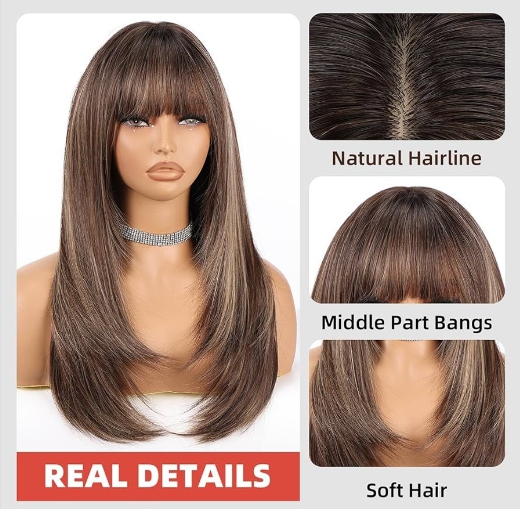 Wig – Human Hair Blend – Long Straight Layered Dark Brown Bangs Heat Resistant
