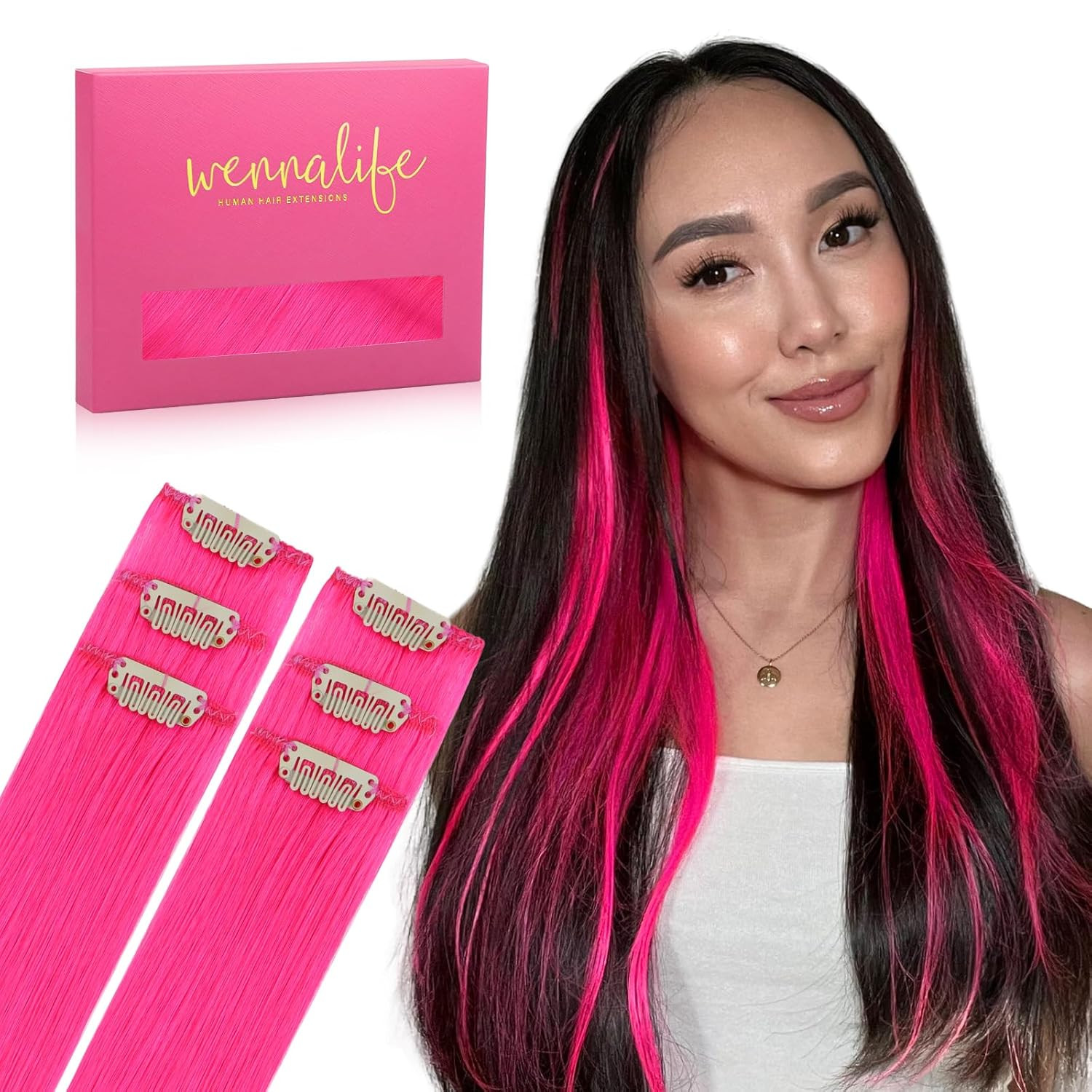 Hot Pink Clip in Hair Extensions Real Human Hair 35G 6Pcs 16 Inch Colored Hair E