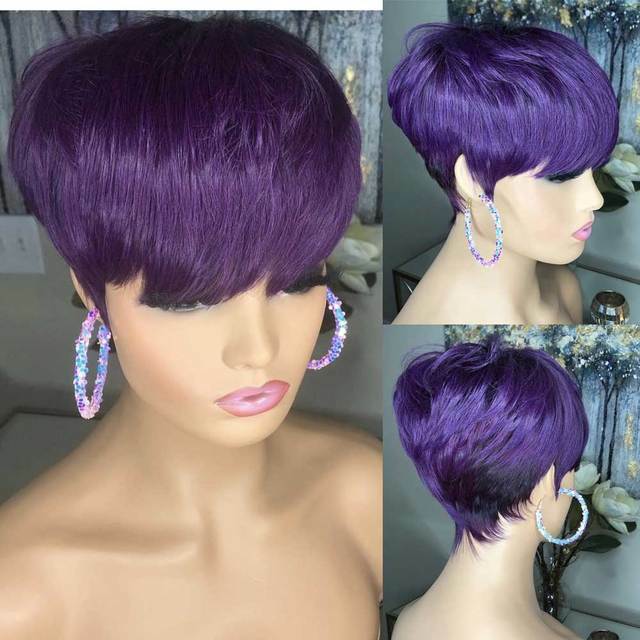100% Human Hair Wigs Dark Purple Pixie Cut Wigs for Fashion Women Daily Wear