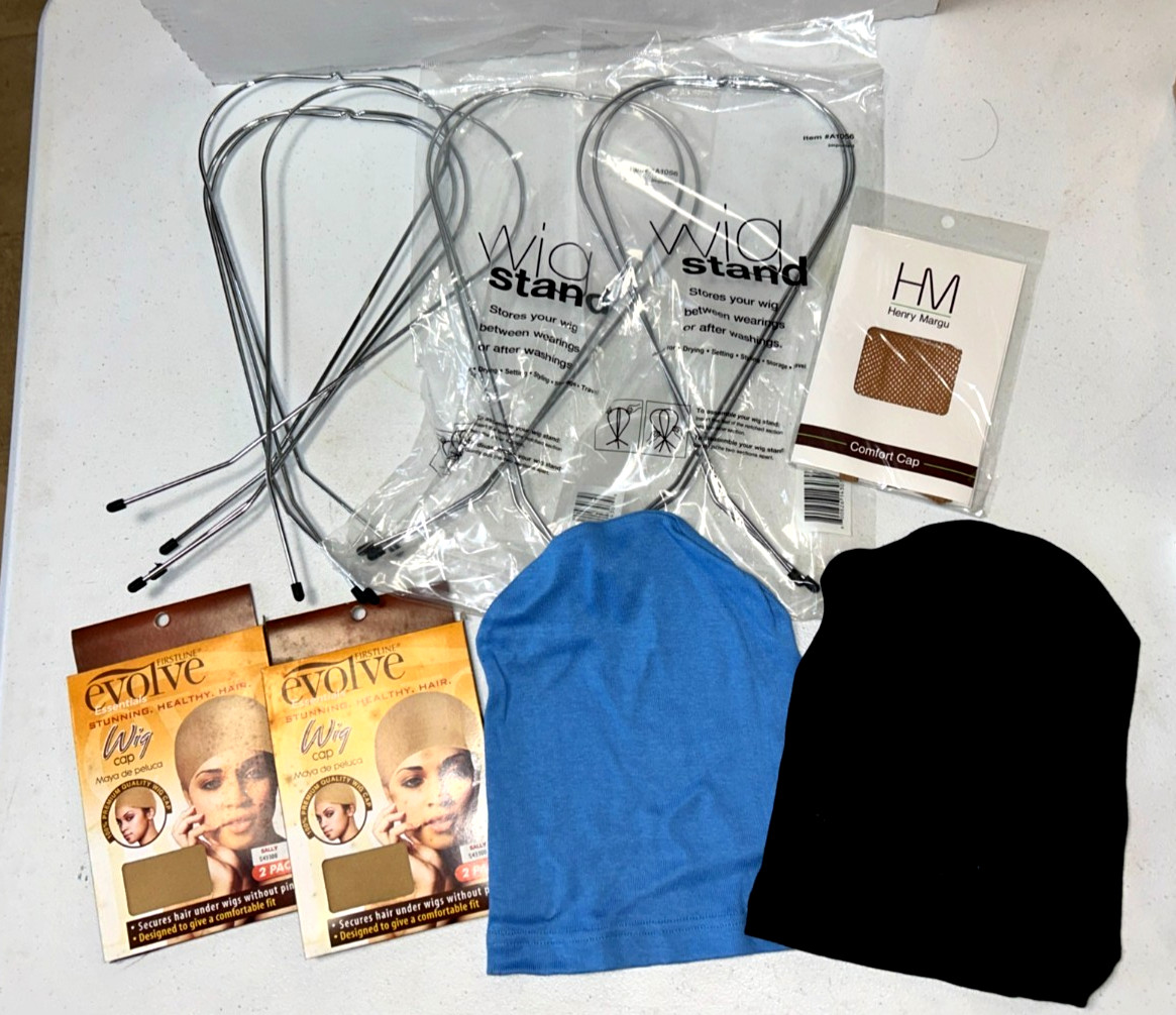 New Lot of 4 Metal Wig Stands and some Comfort Caps & Hair Care Cloth Caps