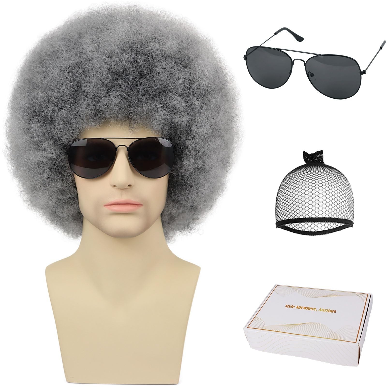 Fluffy Short Grey Afro Wig with Glasses – Heat Resistant Curly 70s 80s Costume P