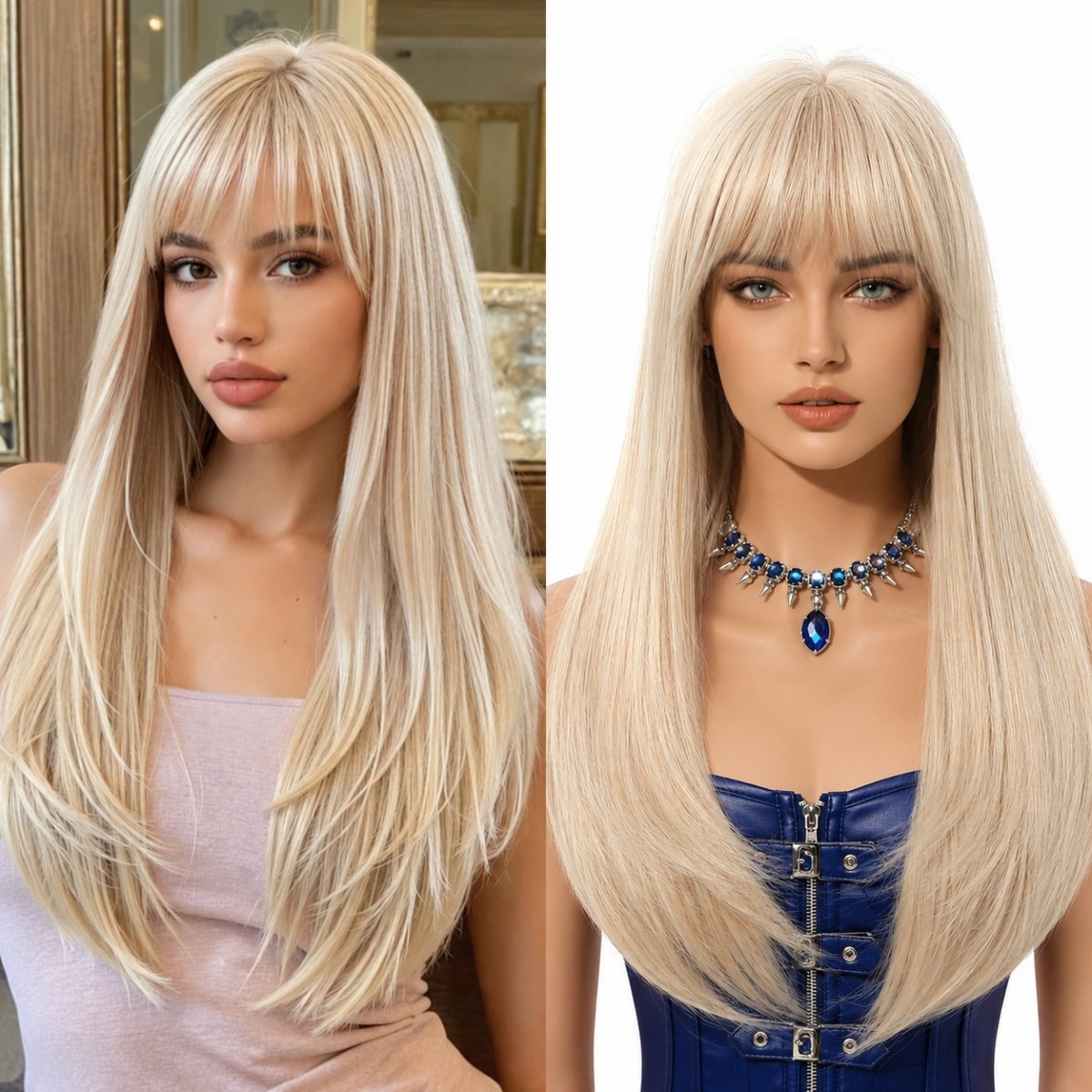 Long Straight Cosplay Wig With Fringe Highlight blonde Synthetic Hair