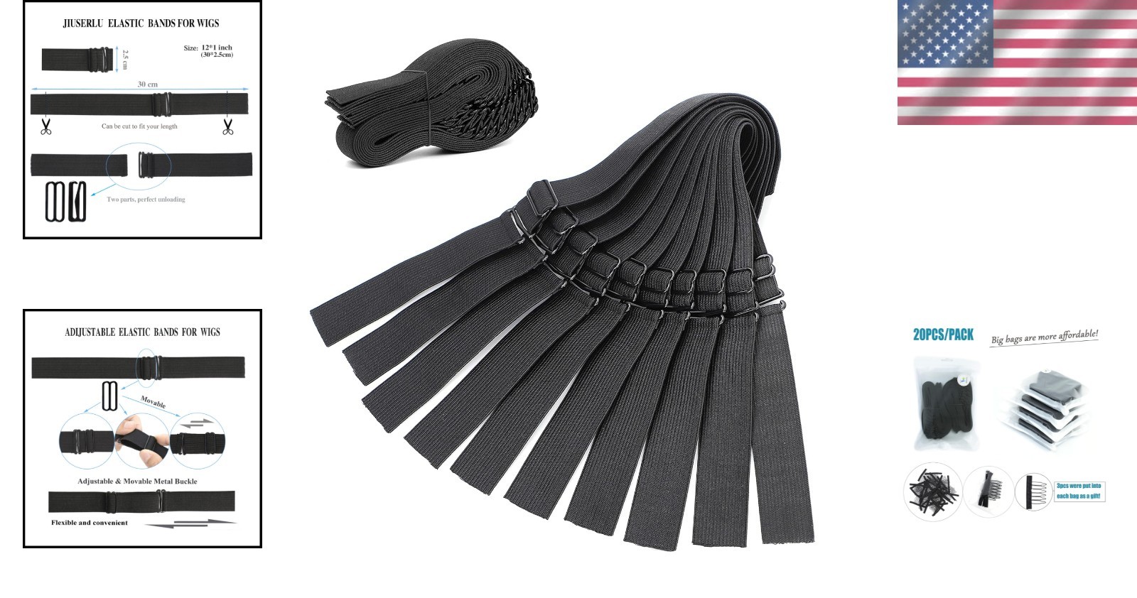 Black Adjustable Wig Bands – 1‘’ x 20pcs for All Wig Styles and Comfort