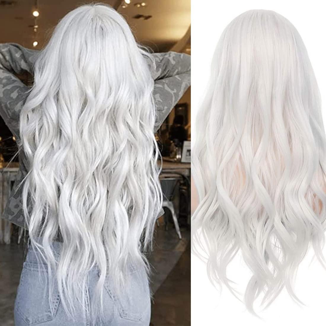 Long Curly Wavy White Wig Middle Part Cosplay Wig Synthetic Heat Resistant Co…