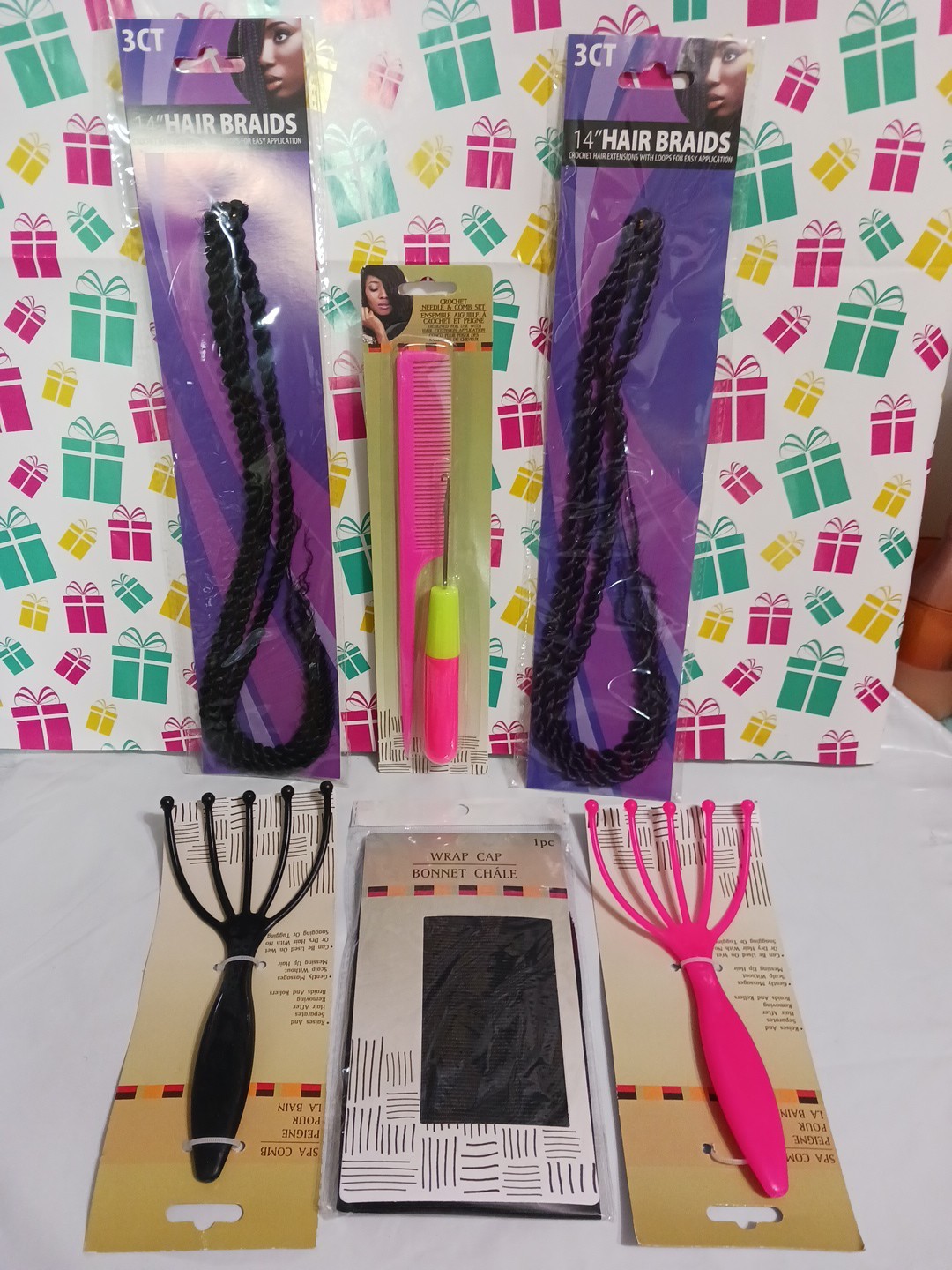 Hair Braids 14″ black + purple. crochet needle, comb, seperater comb, wrap.