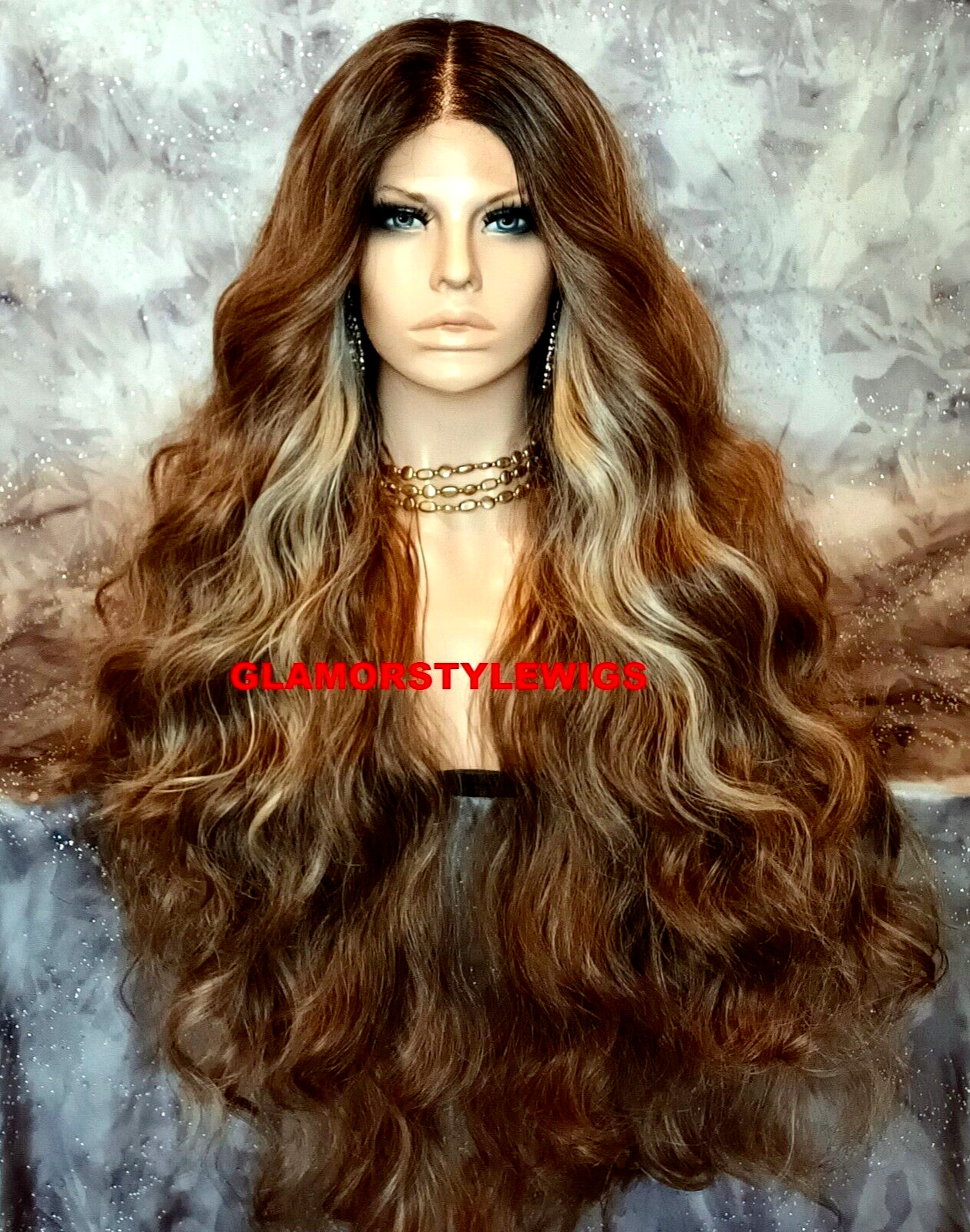 40” FREE PART LACE FRONT FULL WIG LONG WAVY LAYERED OMBRE BROWN BLONDE MIX NWT