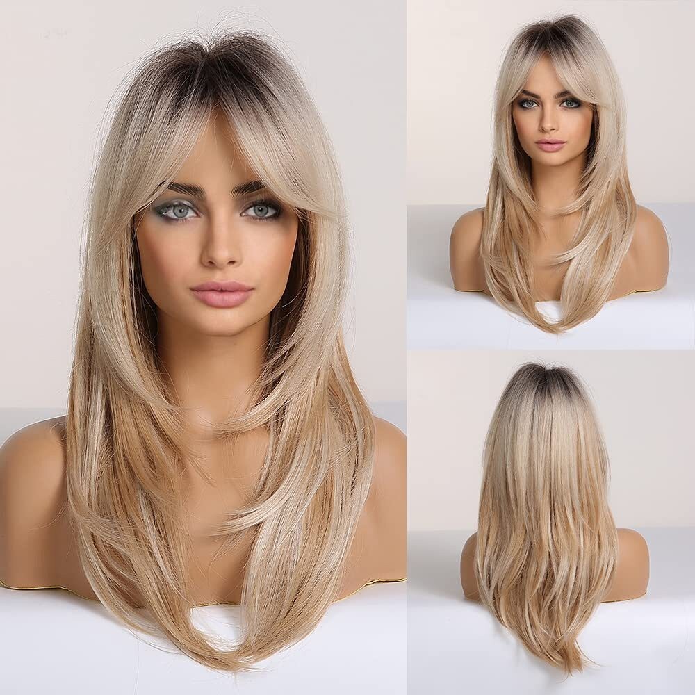 1 Set Brown to Blonde Omber Wigs Synthetic Hair Bangs for Women Lady PrePlucked