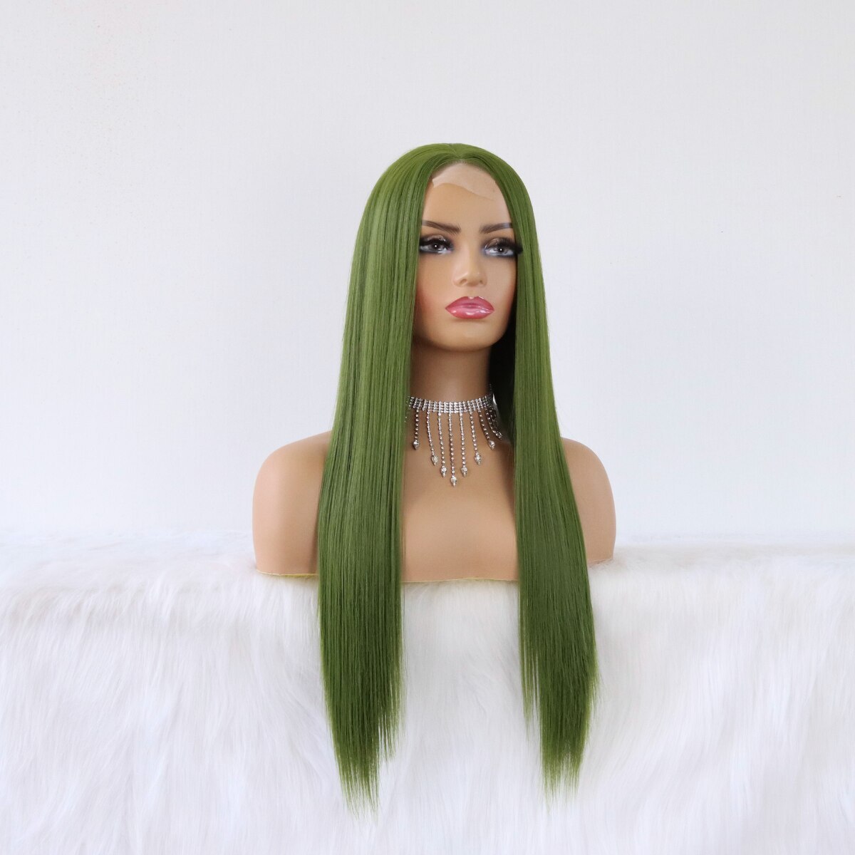 Olive Green Synthetic Hair Lace Wigs Long Straight Green Color Heat Resistant
