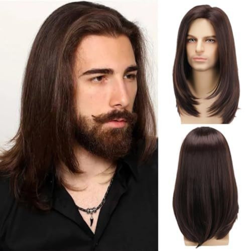 Brown Ombre Medium Long Straight Wig Synthetic Full Head Wig For Men Daily Wear