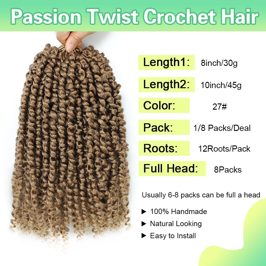 Ameli Passion Twist Crochet Hair 10 Inch Passion Twist Hair 8 Packs Pre-Twisted