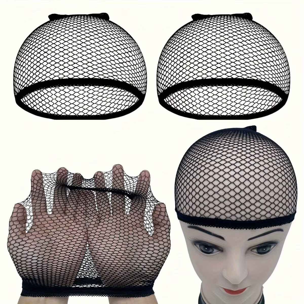 3 Pcs Stretchable Elastic Hair Nets Open Ends Mesh Net Wig Caps – Black
