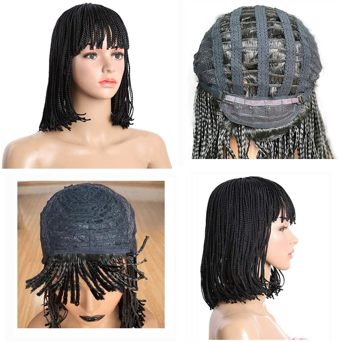ATOZWIG Short Synthetic Bob Black Braided Wigs with Bangs Micro Box Braids Wigs