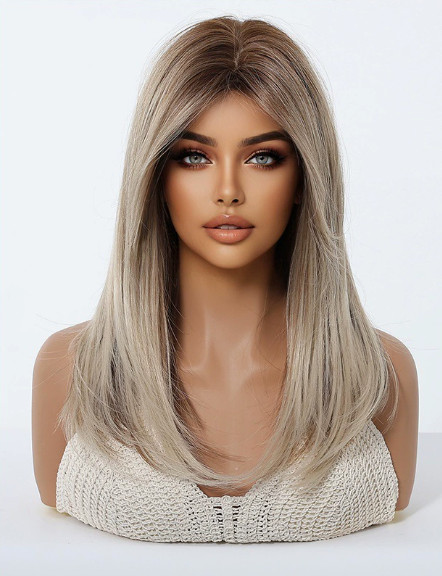 Straight Rooted Brown Blonde Mix Synthetic Hair Wig Women Soft Natural With Bang