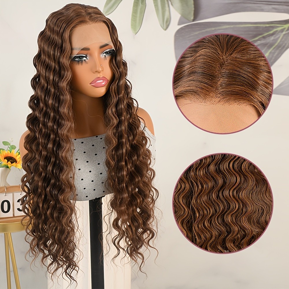 Lace Front Wigs Long Deep Wave 13×4 Glueless Replacement Hair Brown Highlight