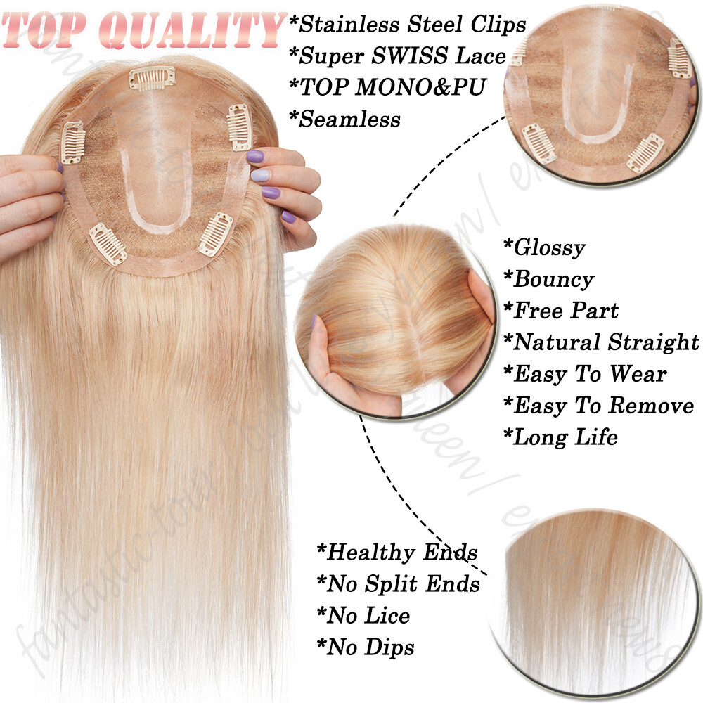 Hand-Tied 100% Remy Human Hair Clip In/On Women Topper Hairpiece Wig Mono Base