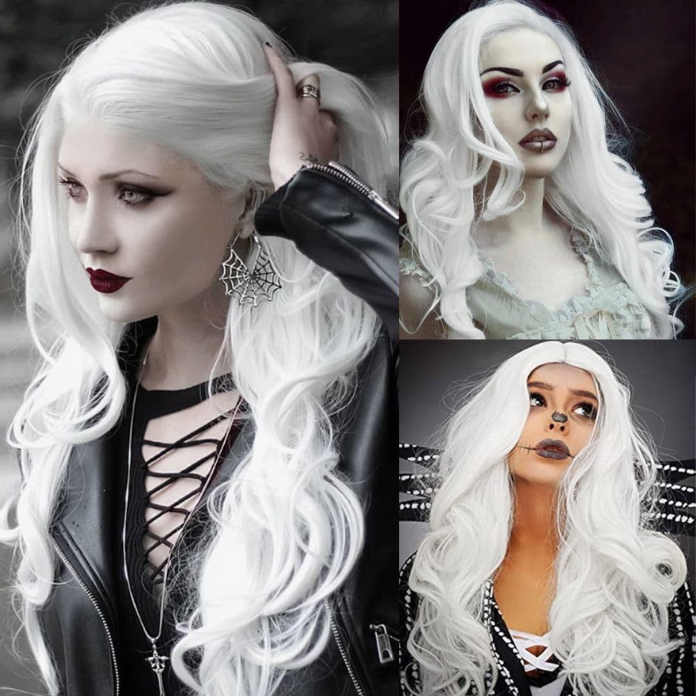 White Cosplay Wigs for Women Long Curly Wavy Middle Part Wig Heat Resistant F…