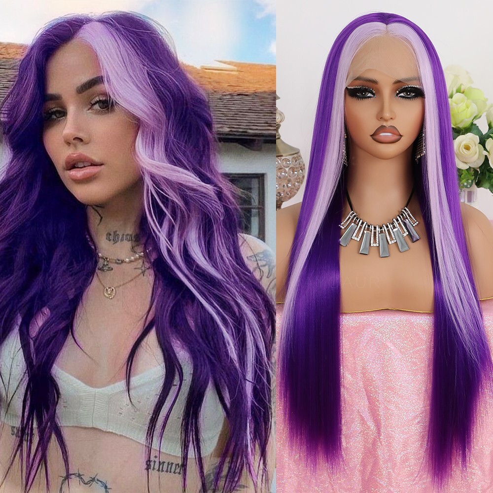 Blond Highlights Lace Front Wig Purple Skunk Stripe Wigs Long Straight Hair Soft