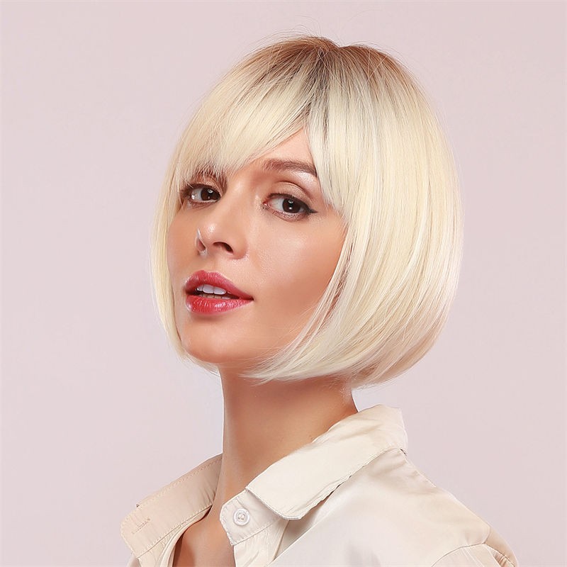 Women Fashion Short Hair Wig Pink Bobo Full Head Cover Straight Bangs Gradient