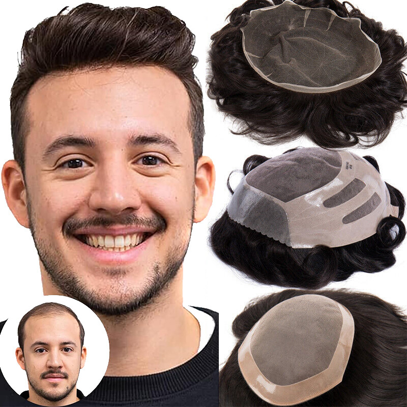 Mens Toupee Remy Human Hair Piece Wigs Replacement System Full PU 100% Density