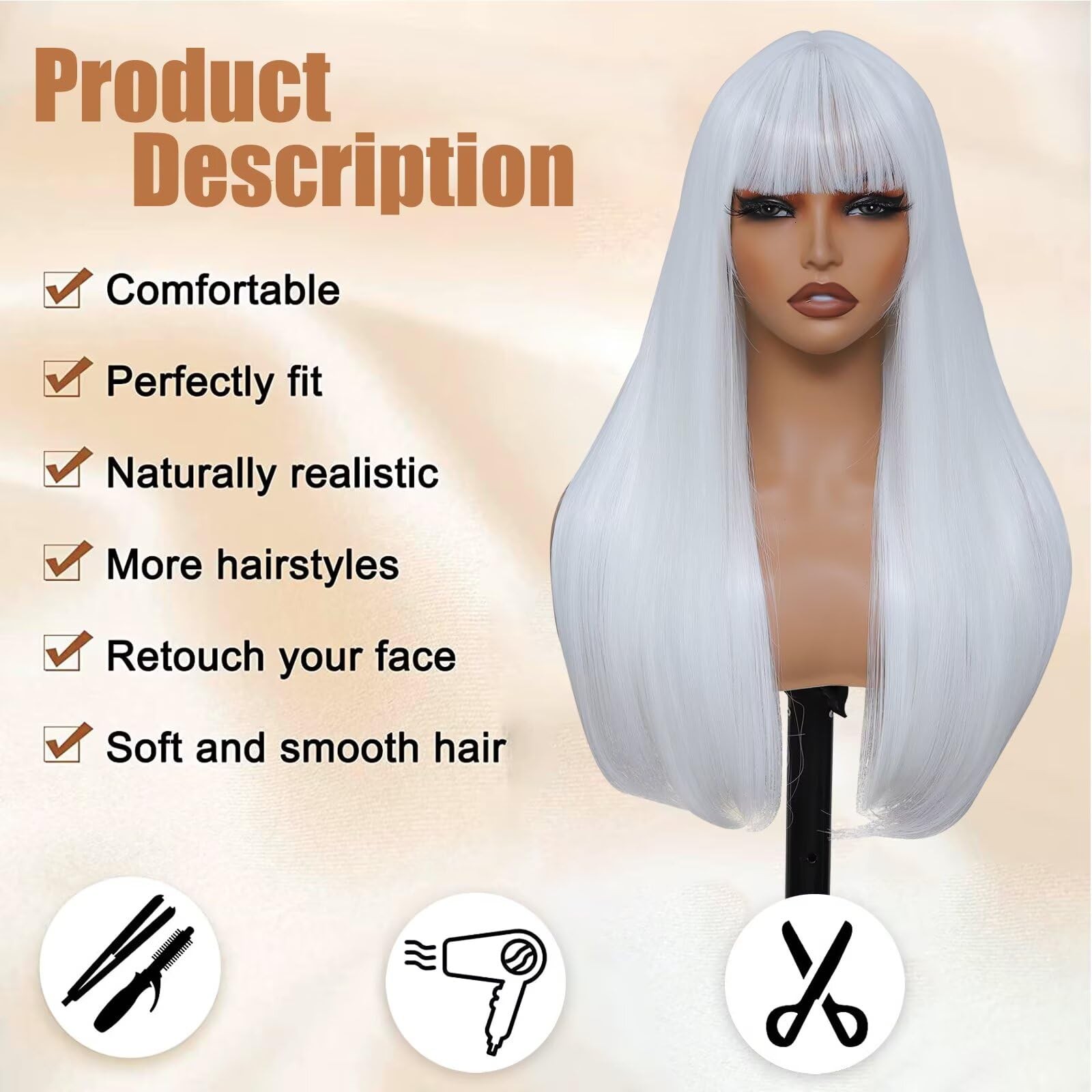 Long Straight Wig with Bangs Hair Wigs for Women Synthetic Heat Resistant Wig…
