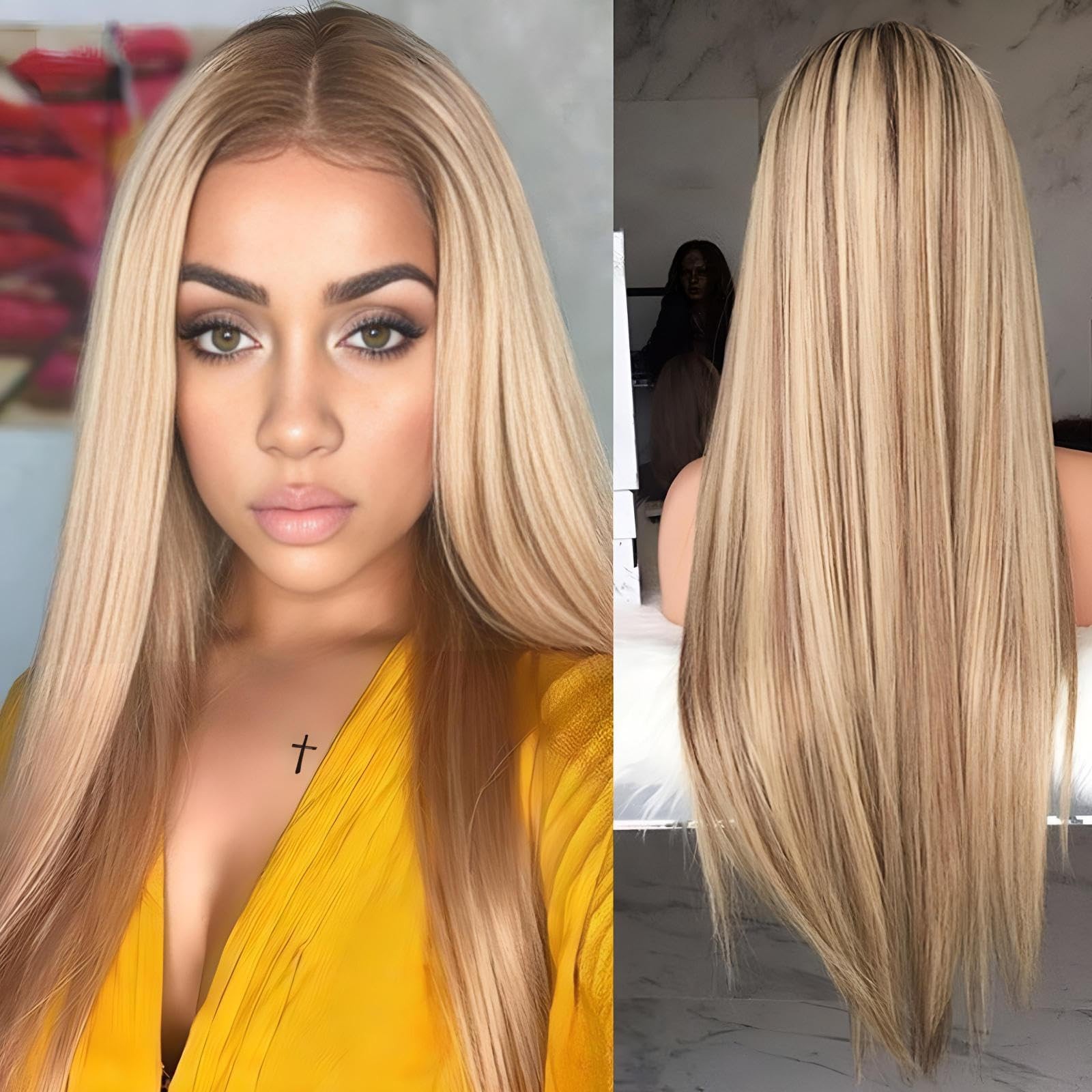 Long Ombre Brown Blonde Wig for White Black Women, Synthetic Straight Highlig…