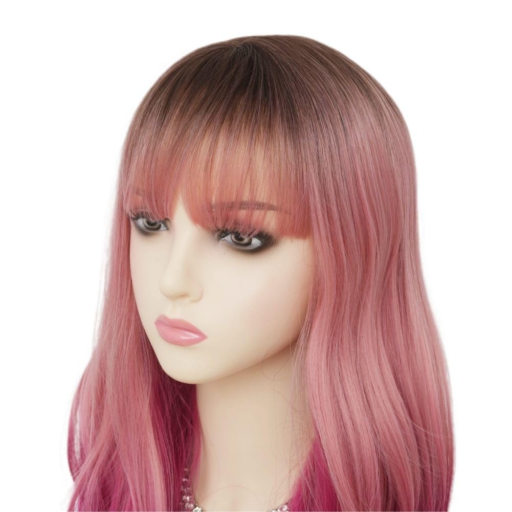 Ombre Pink Long Wig with Bangs Dark Root Curly Wavy Wigs Synthetic Heat Resis…