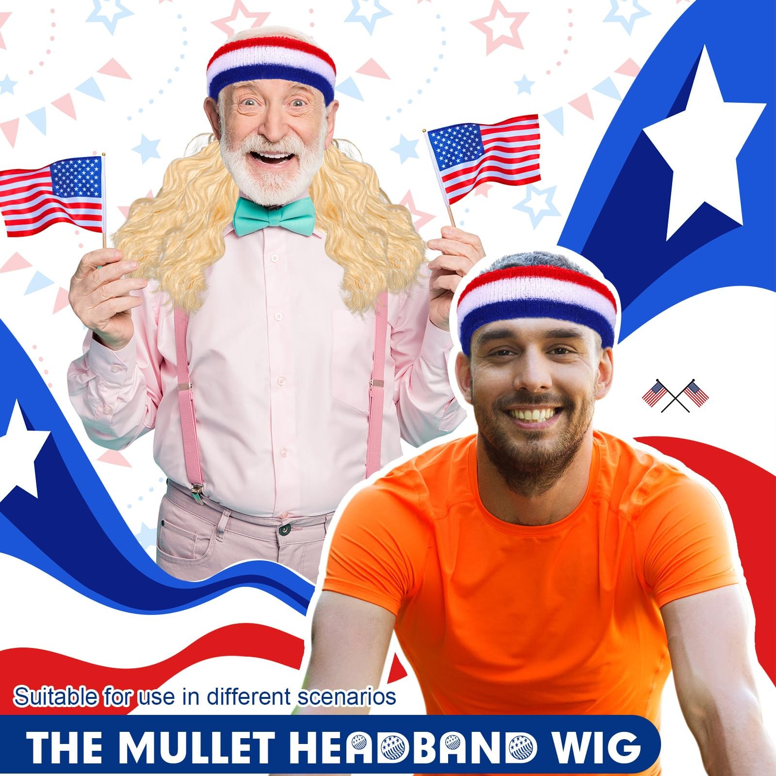 2 Pieces Mullet Wig USA Headband American Flag Style Sports Striped Sweatband…