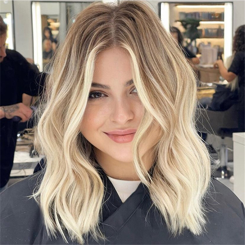 Ombre Ash Brown Honey Blonde Lace Front Wig Short Wave Bob Human Hair Wigs 13×4