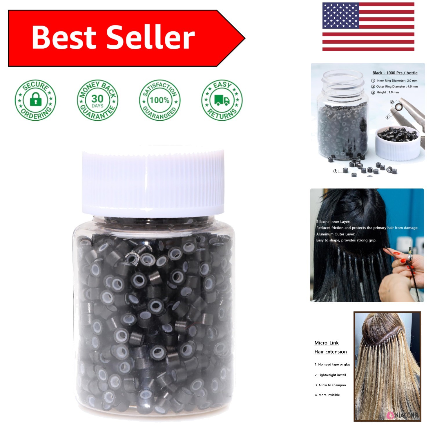 1000pcs 4mm Silicone Lined Hair Extension Beads – Heat-Resistant & Safe