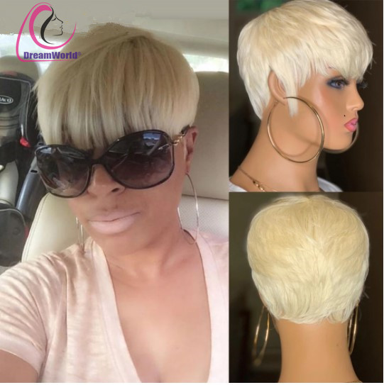 Pixie Cut Hairstyle Short 613 Honey Blonde Human Hair Wig Full Bang 150% Density