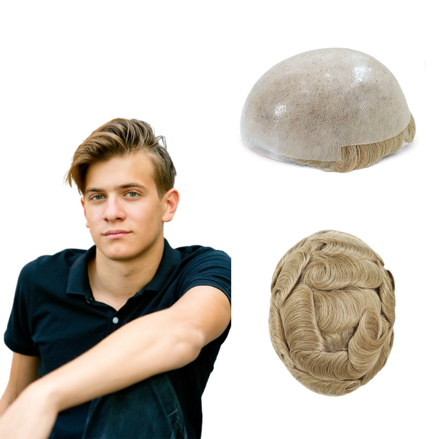 Super Mens Toupee Thin Skin Human Hair Replacement System Gent Hairpiece Blond