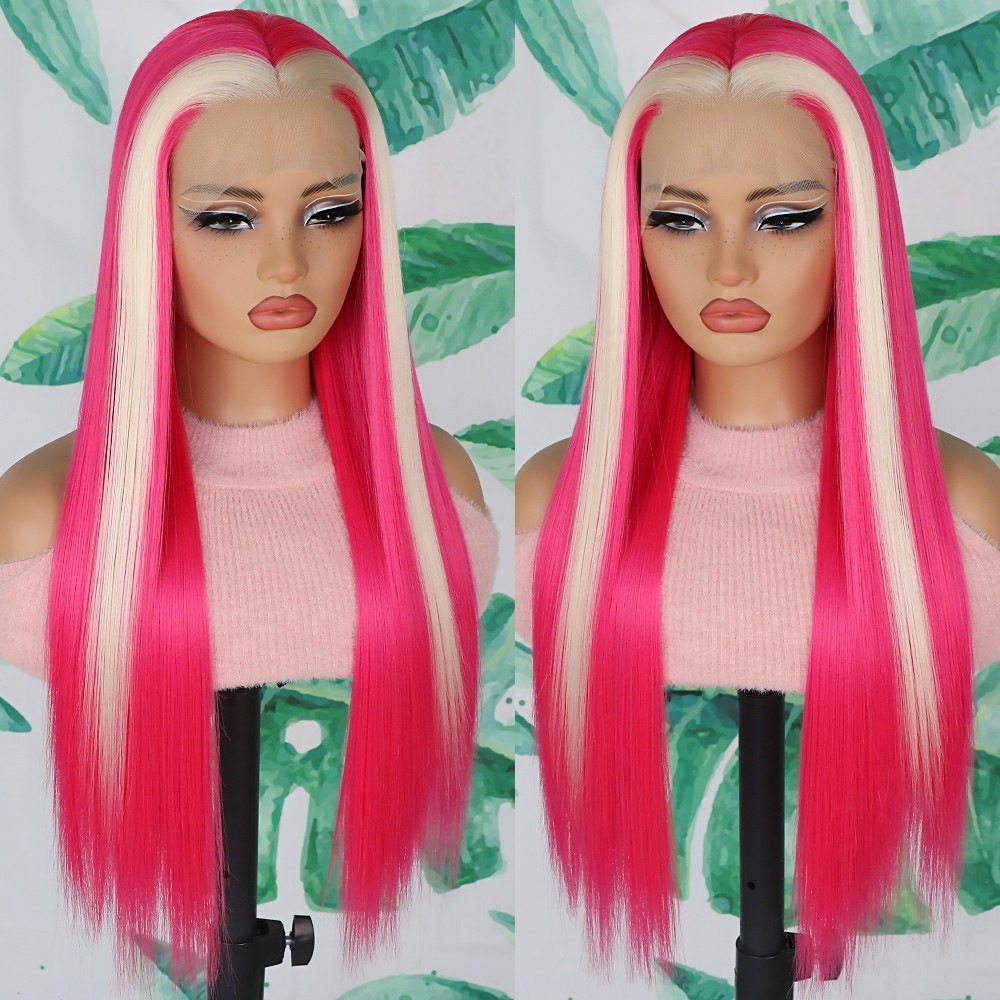 Glueless Skunk Stripe Hair 13×4 Free Part Long Straight Heat Resistant Synthetic