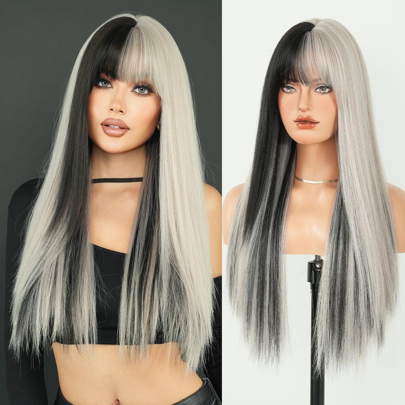 Long Straight Silver Grey Highlight Wig with Bangs 27in Natural Heat Resistan…