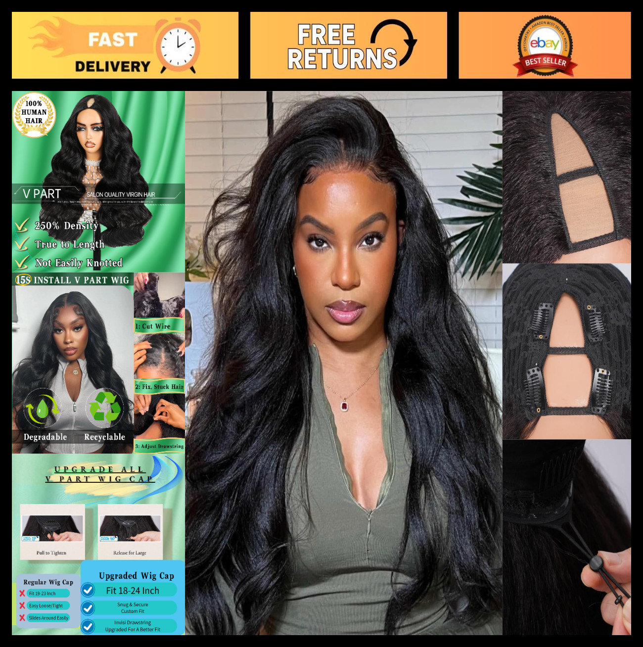 26″ Drawstring V Part Human Hair Wig, 250% Density, Kinky Straight, Clip-In Half