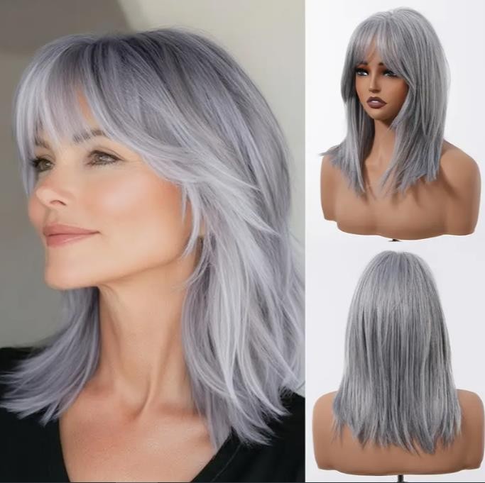 12″ Short Wavy Straight Grey Hair Wigs for Women Synthetic Heat Resistant Wigs