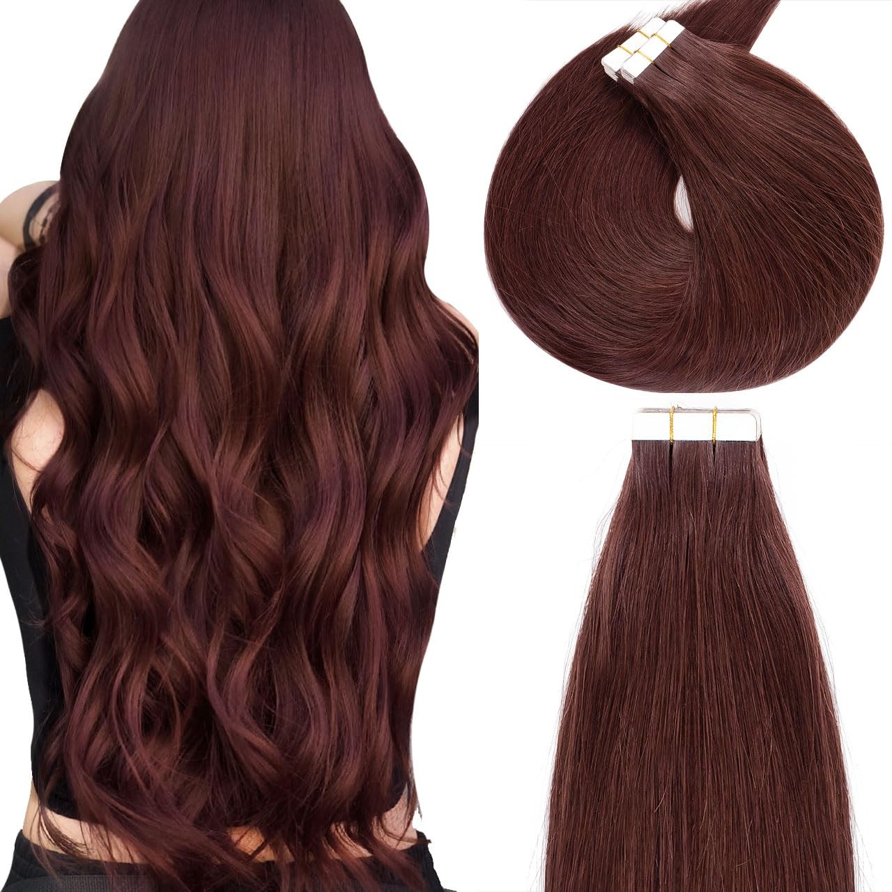 Lacer Tape-In Hair Extensions Human Hair Wine Red Burgundy Straight 16″ 20pcs