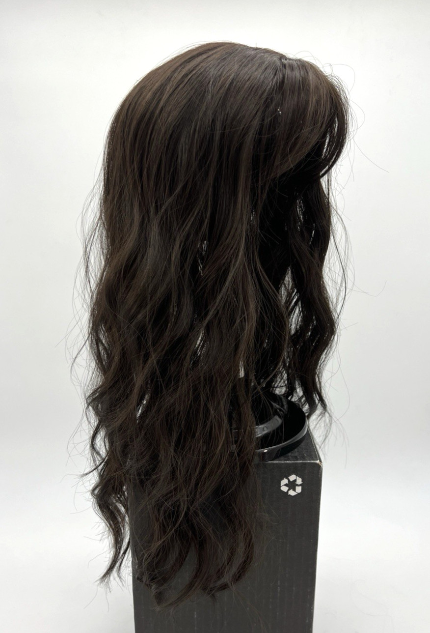 Black Brown w/ Side Bangs Long Wavy 20in Women Premium Hair Topper