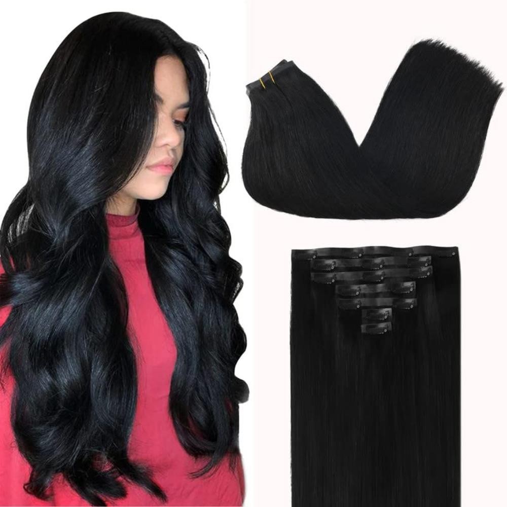 GOO GOO Clip in Real Human Hair Extensions 14″ Remy Extensions 7pcs 110g black