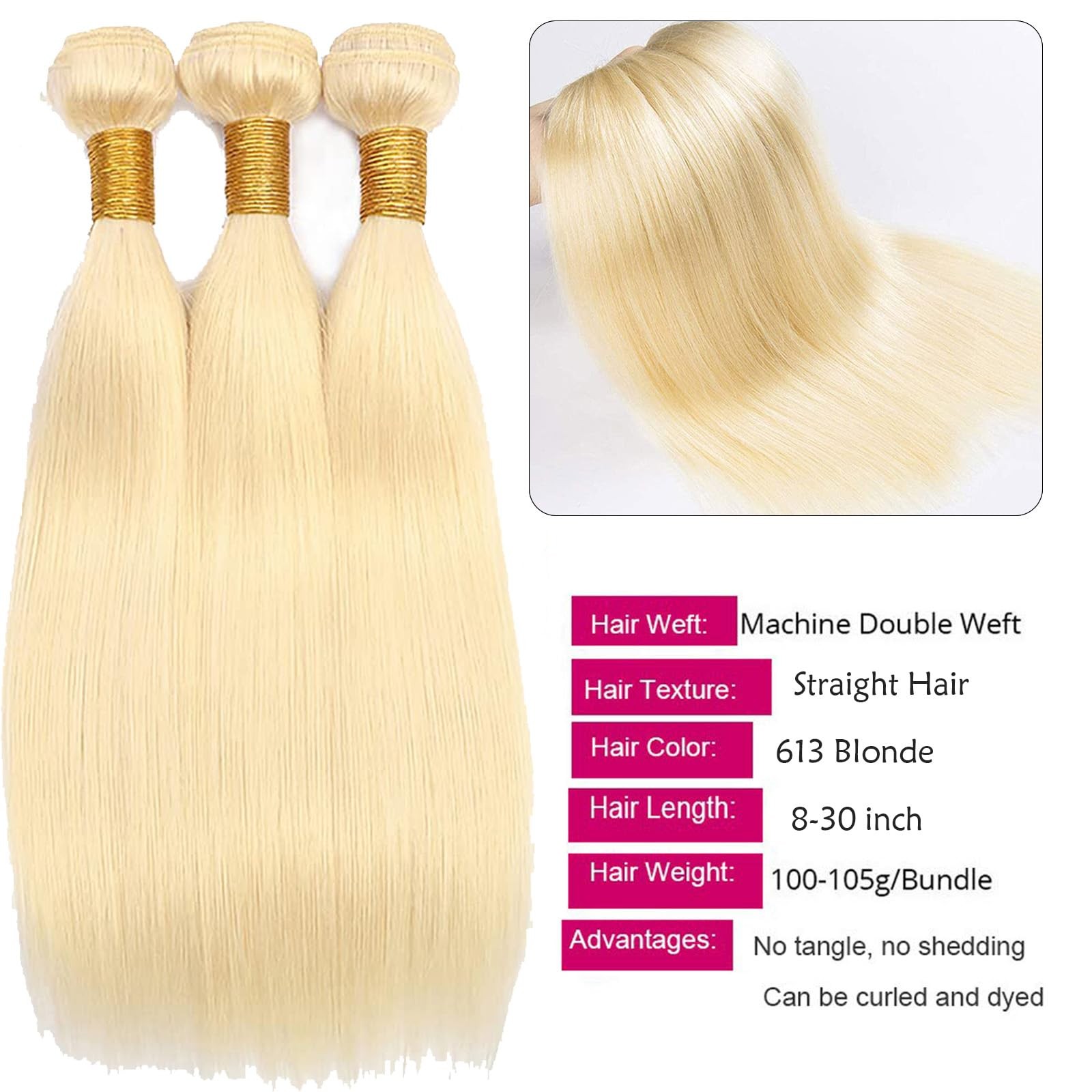 Fabimiya 12 14 16 Inch Bundles Human Hair Blonde 613 Straight Wave Human Hair
