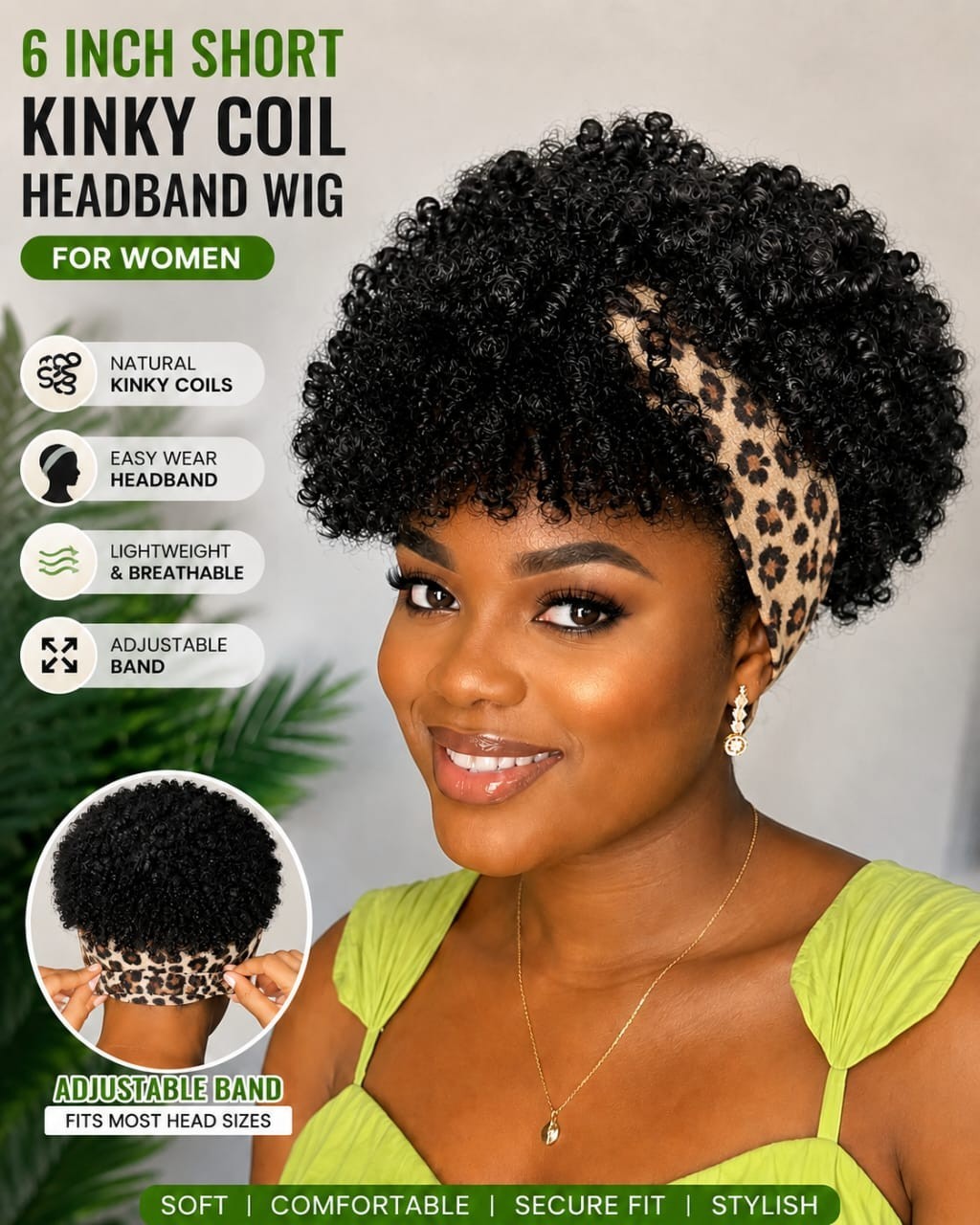 Women’s 6-Inch Short Leopard Print Kinky Coil Headband Wig, Adjustable Band