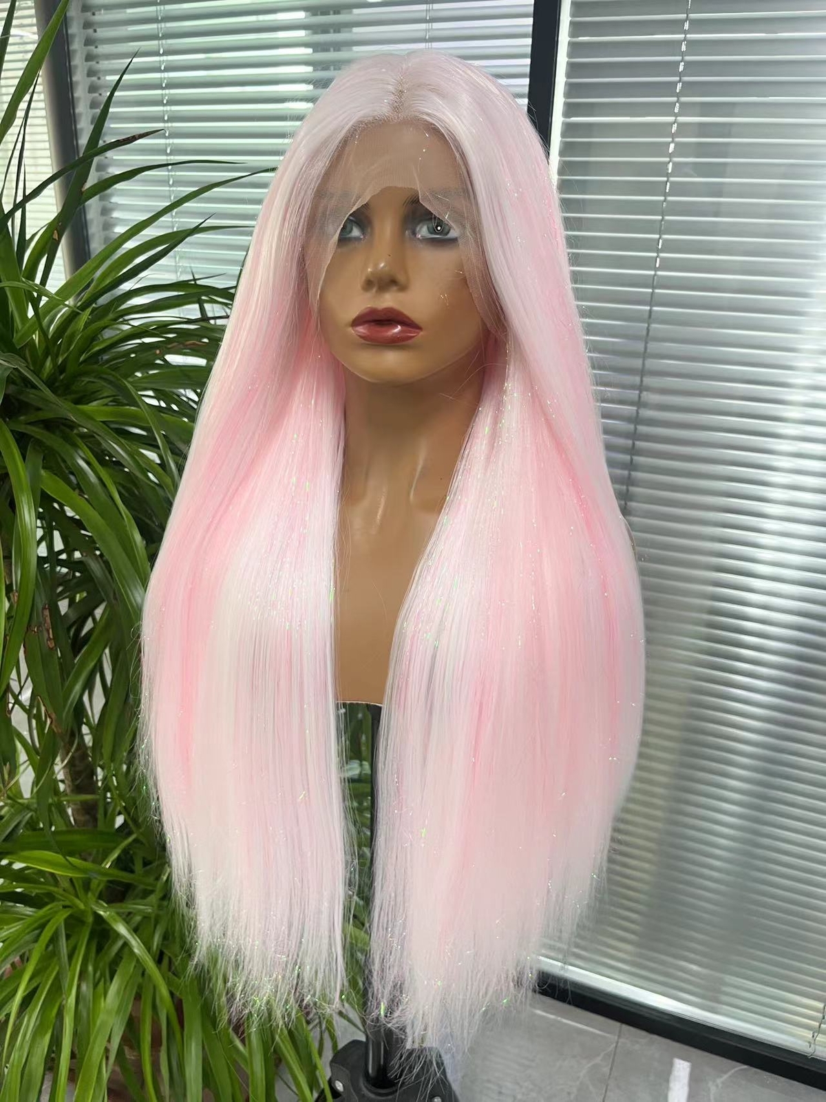 Ice Pink / Cream Pink Tinsel Blended Long Straight Hair Synthetic Lace Front Wig