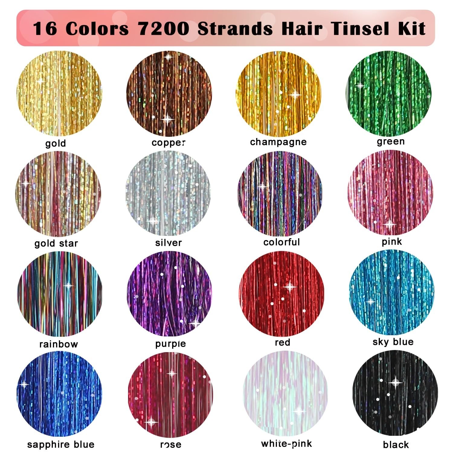 Hair Tinsel Kit, 16 Colors 7200 Strands Glitter Tinsel Hair Extensions Heat Resi