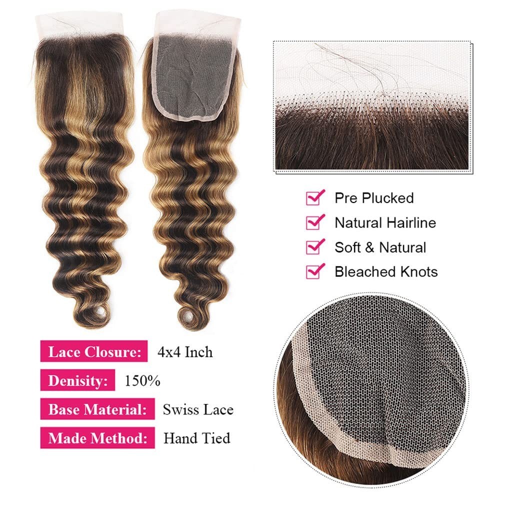 10A Raw Human Hair Bundles with 4×4 Lace Closure, Ombre Loose Deep Wave 20-24